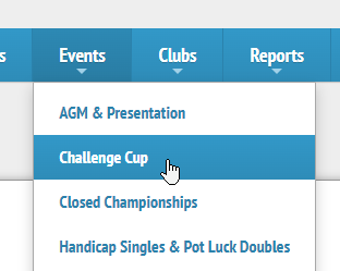 Events menu with Challenge Cup option